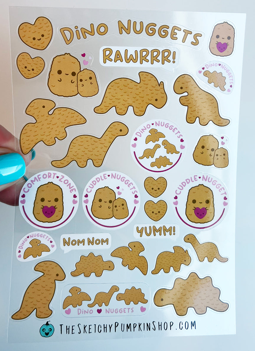 Dino Nuggets Sticker Sheet, Transparent, Waterproof