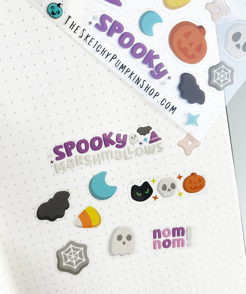 Spooky Marshmallow Stickers, Transparent, Waterproof
