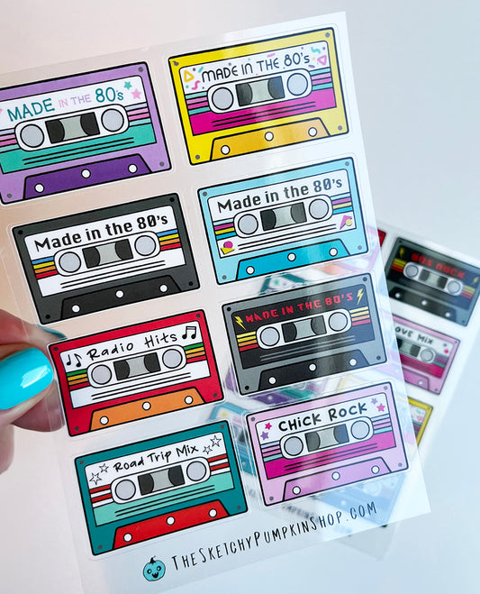 Retro Cassette Tapes,  2 sticker sheets. Transparent, Waterproof