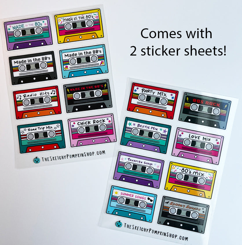 Retro Cassette Tapes, 2 sticker sheets. Transparent, Waterproof