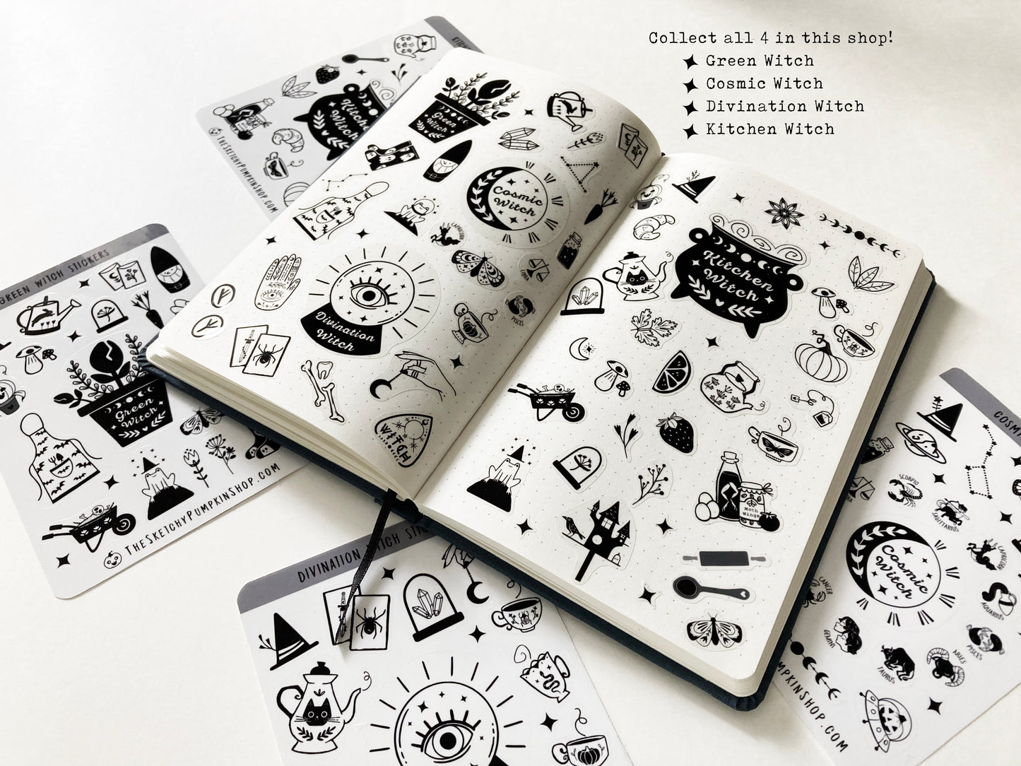 Cosmic Witch Sticker Sheet, Transparent, Black, Waterproof