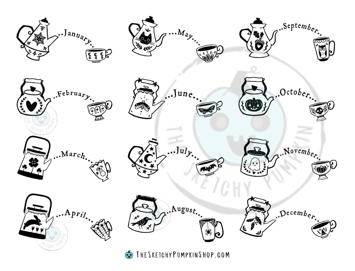 Divination Tea Monthly Stickers, bujo, transparent, bullet journal, spooky