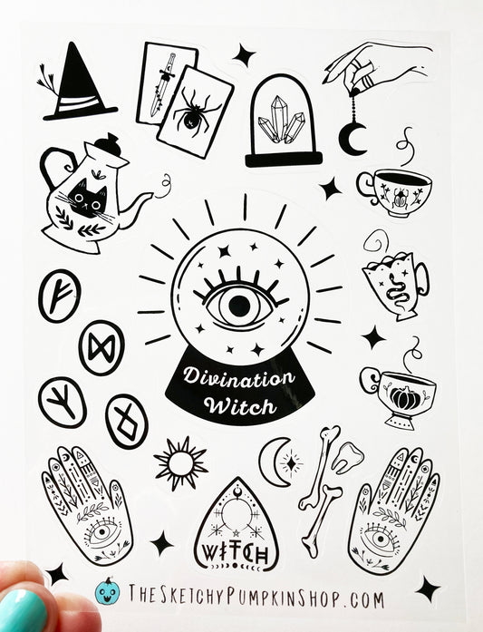 Divination Witch Sticker Sheet, Transparent, Black, Waterproof