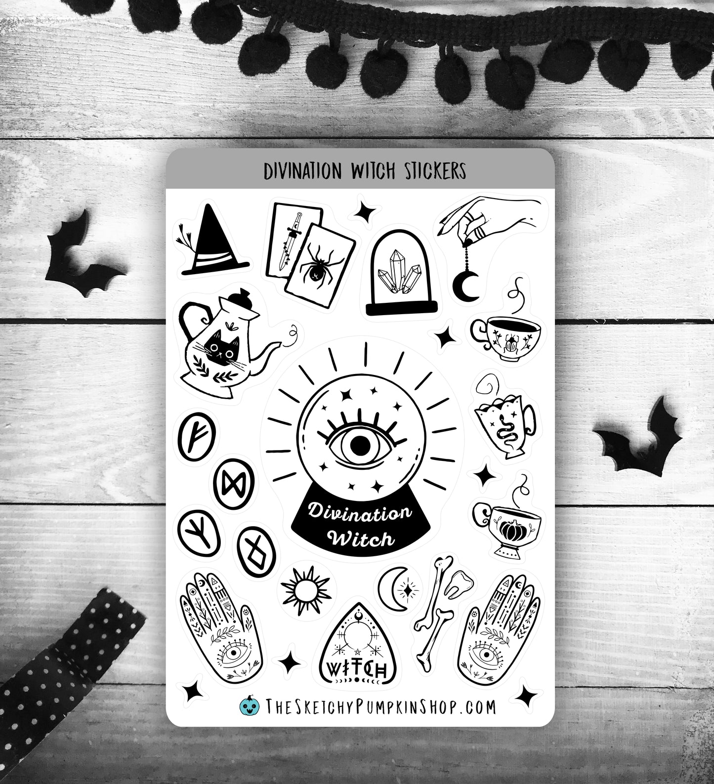 Divination Witch Sticker Sheet, Transparent, Black, Waterproof