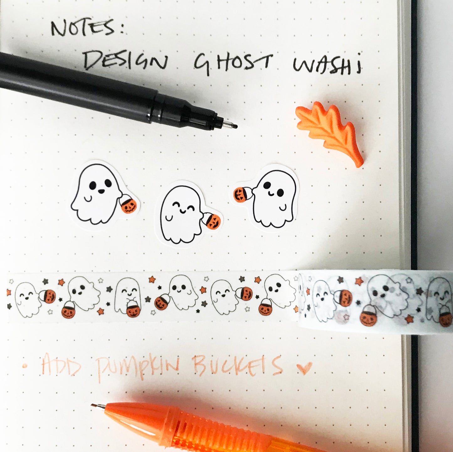 Ghosts w/ Pumpkin Buckets Washi Tape, Halloween, Fun Tape