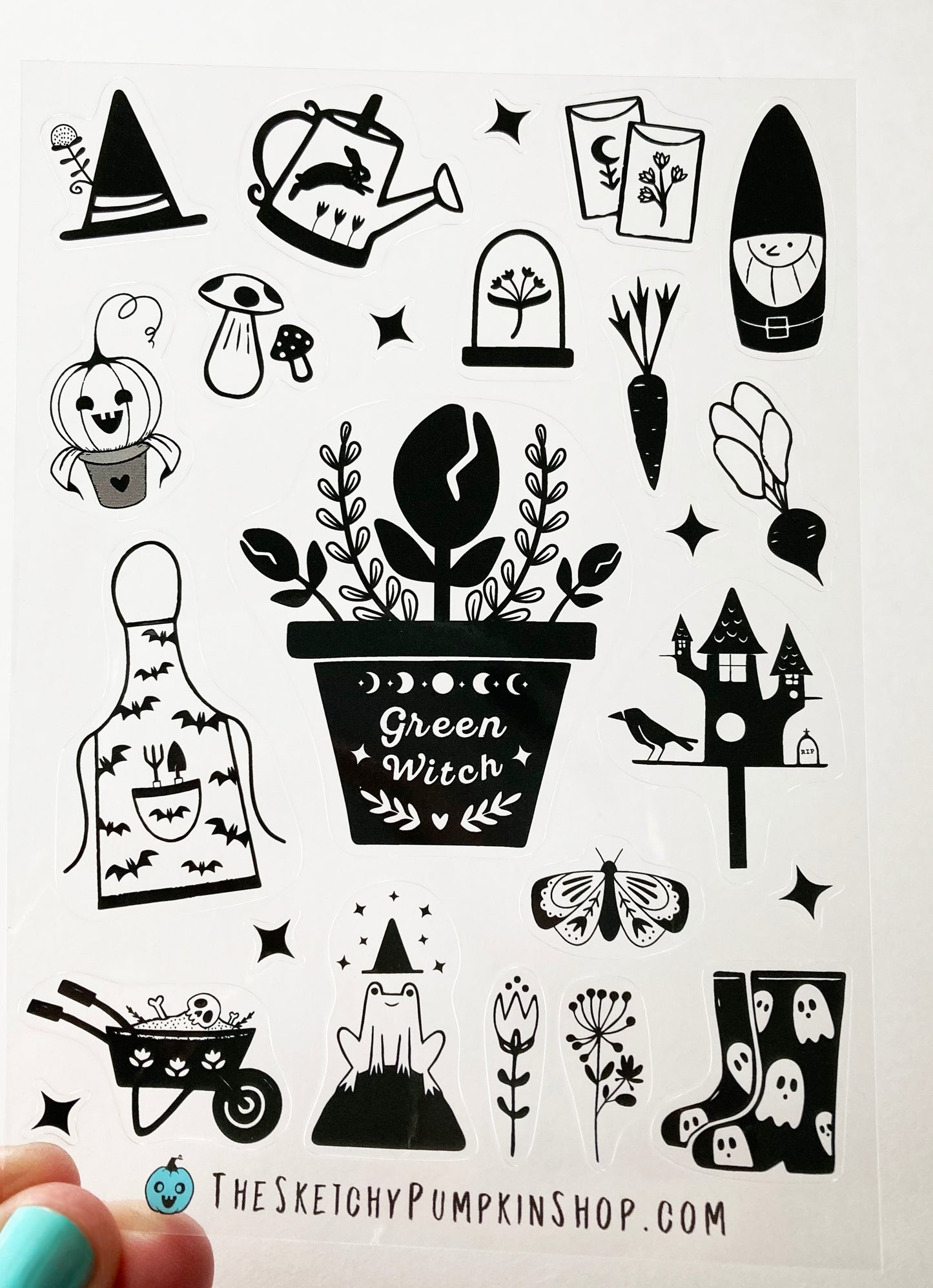 Green Witch Sticker Sheet, Transparent, Black, Waterproof