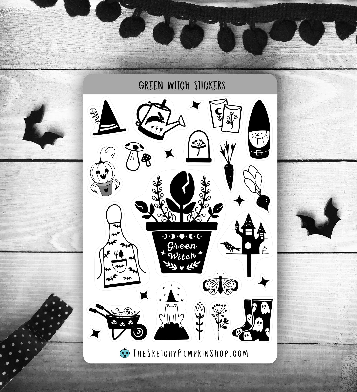 Green Witch Sticker Sheet, Transparent, Black, Waterproof