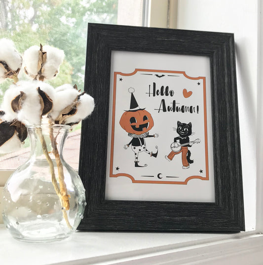 Pumpkin & Cat Dance, Art Print-Post card, Vintage, autumn, snozzberrylabs, halloween, jackolantern