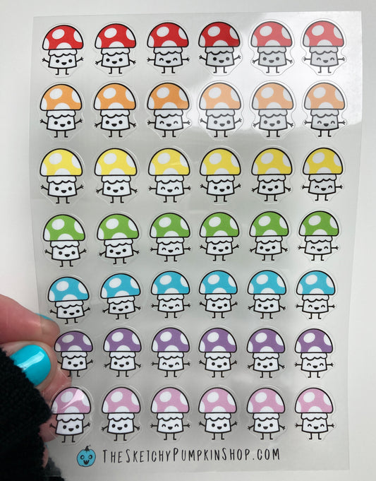 Rainbow Mushroom, Transparent, Waterproof Sticker Sheet