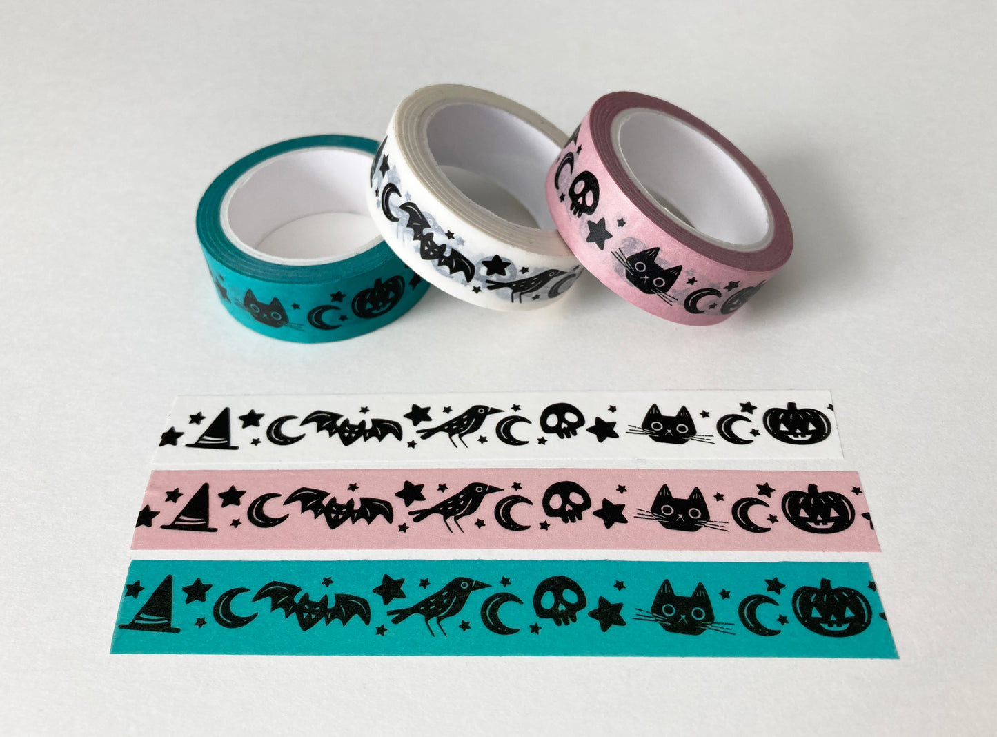 Spooky Washi Tape, Pumpkins, Bats, Cats, Crow, Skulls, Pink, Blue, Aqua