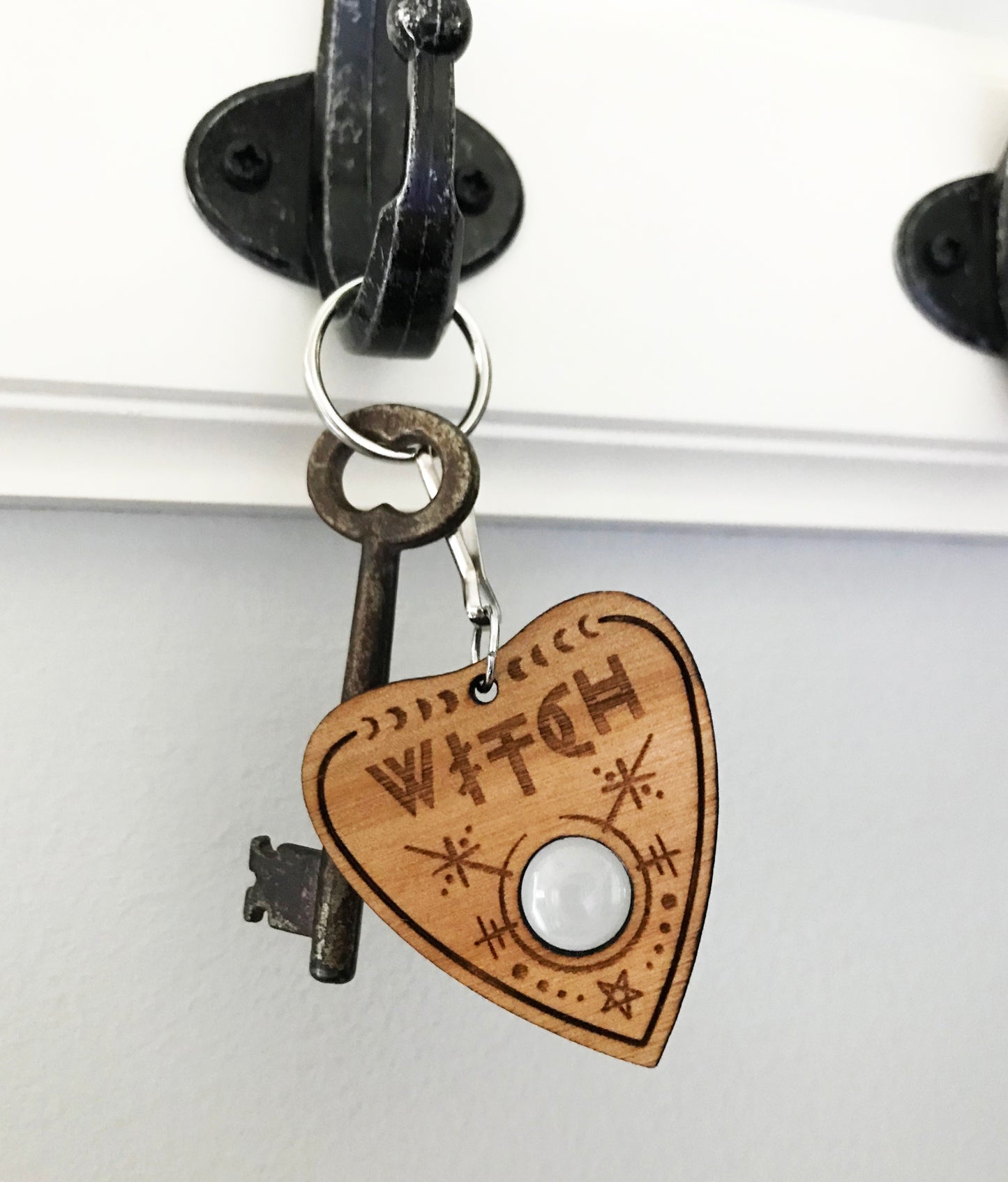 Ouija Planchette Keychain, Witch, Bat, Wood,