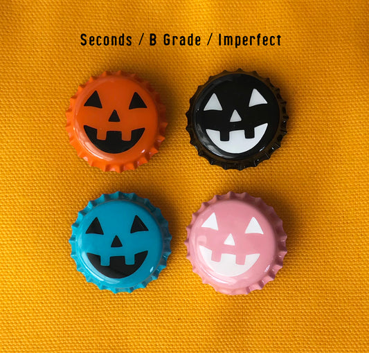 Misfit: Pumpkin Pop Pins. Pins, Lapel, B grade, Seconds, Halloween, Jackolantern, Pumpkin, Bottle Cap