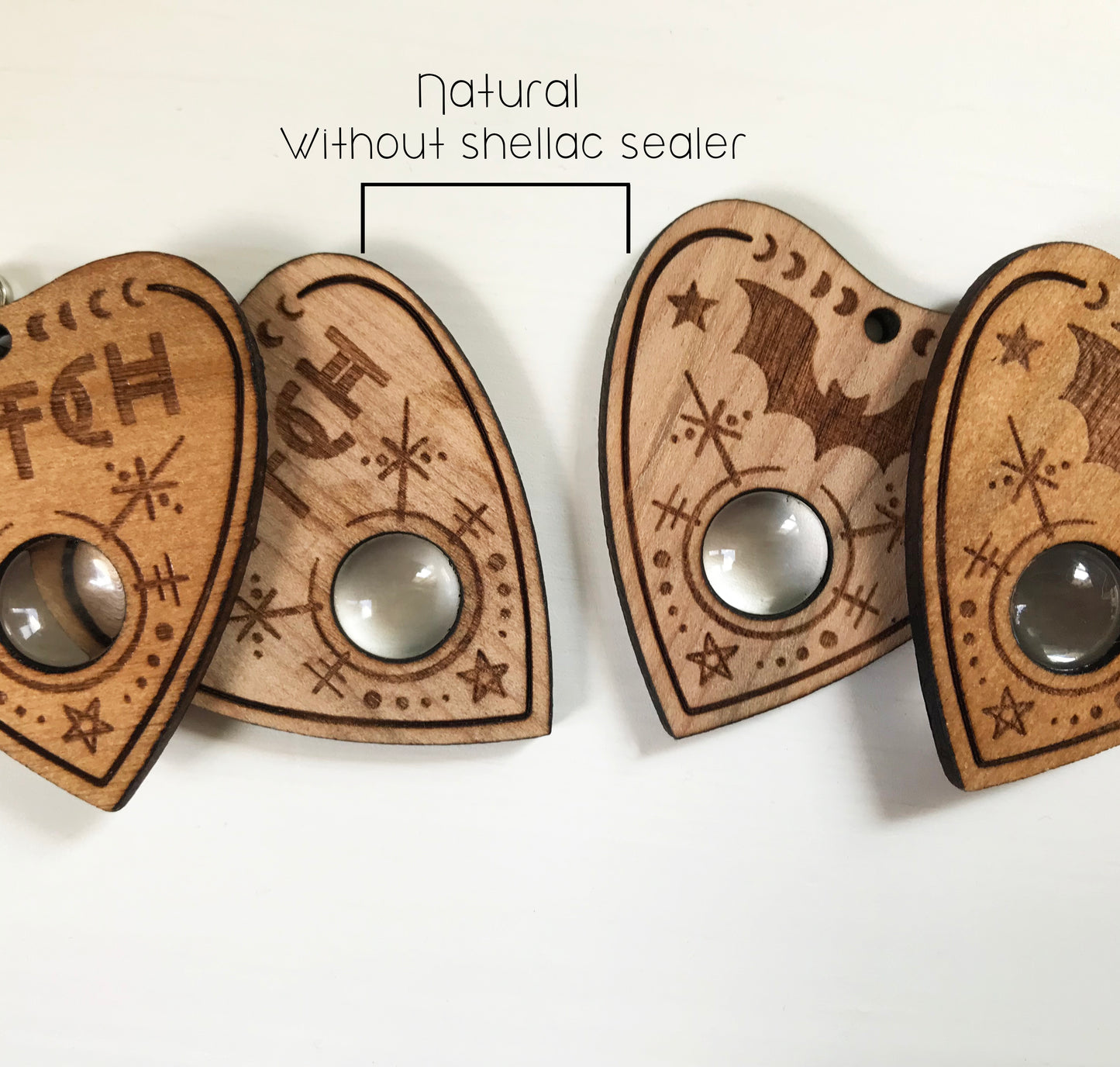 Ouija Planchette Keychain, Witch, Bat, Wood,