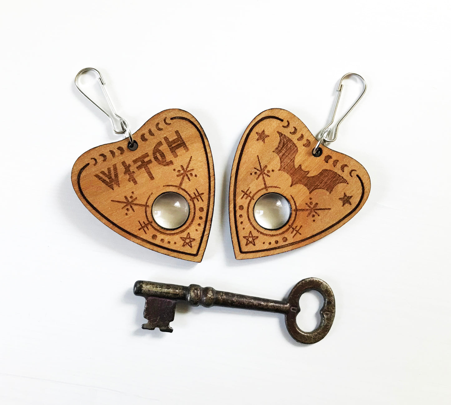 Ouija Planchette Keychain, Witch, Bat, Wood,
