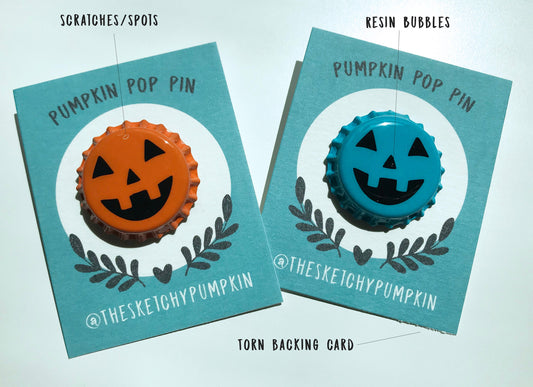 Misfit: Pumpkin Pop Pins. Pins, Lapel, B grade, Seconds, Halloween, Jackolantern, Pumpkin, Bottle Cap