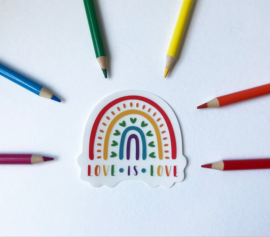 Love is Love, diCut, vinyl, waterproof sticker, Rainbow, pride, lgbtqia