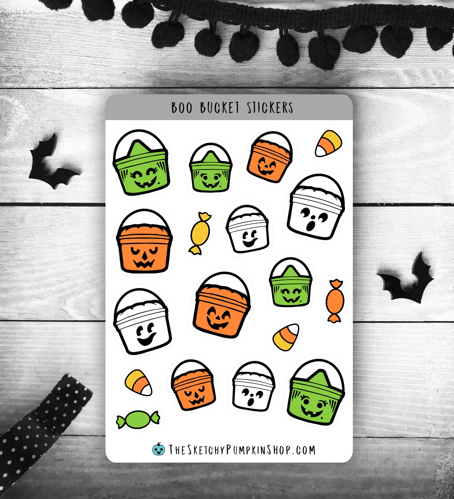 Boo Bucket Stickers, Halloween, Pumpkin, Witch, Ghost Jack O' lantern, stickers