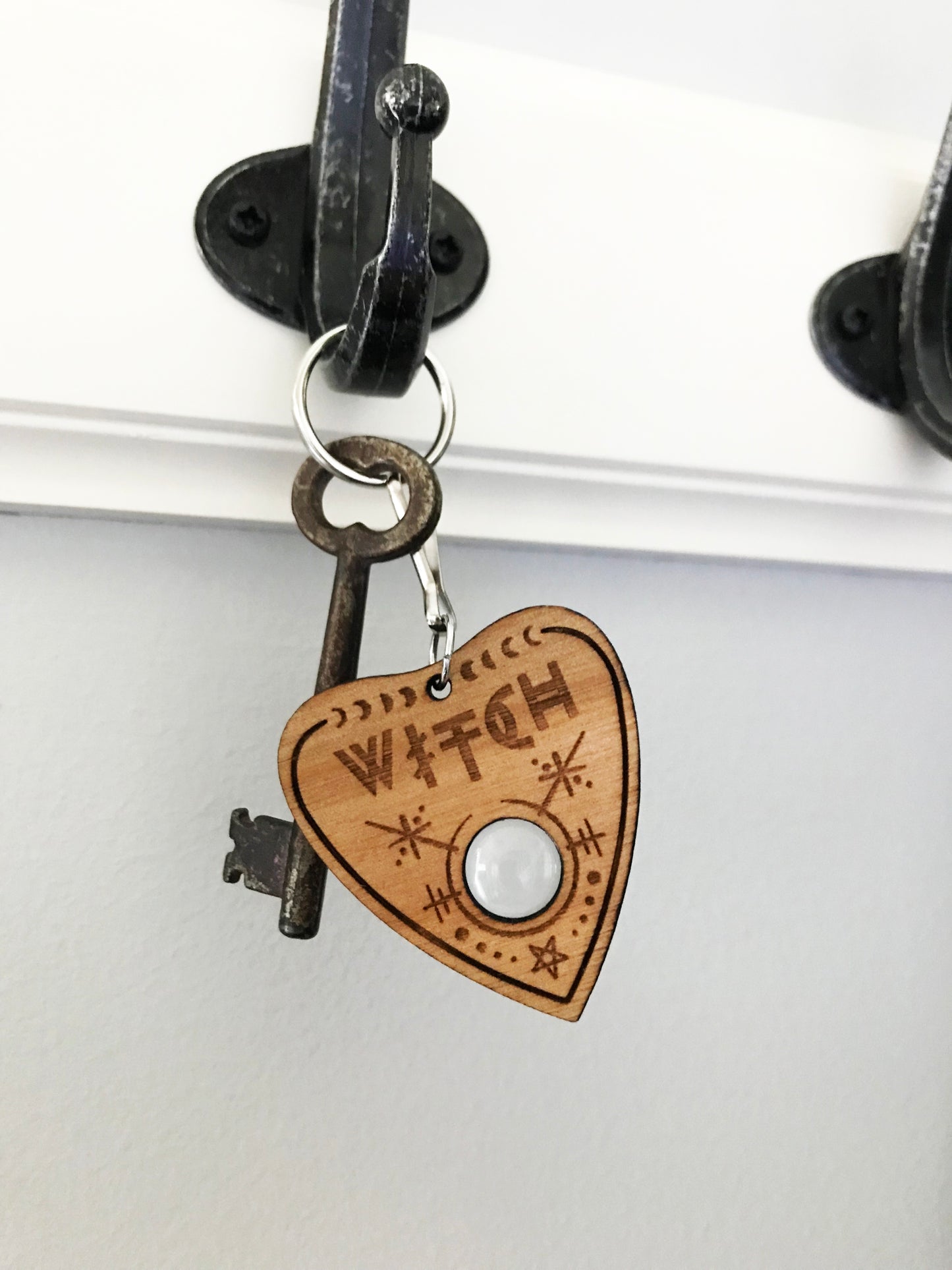 Ouija Planchette Keychain, Witch, Bat, Wood,