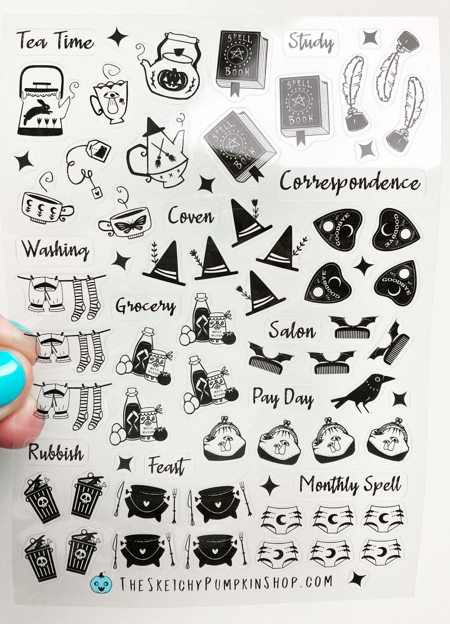Witchy Bullet Journaling Waterproof, Transparent Sticker Sheet