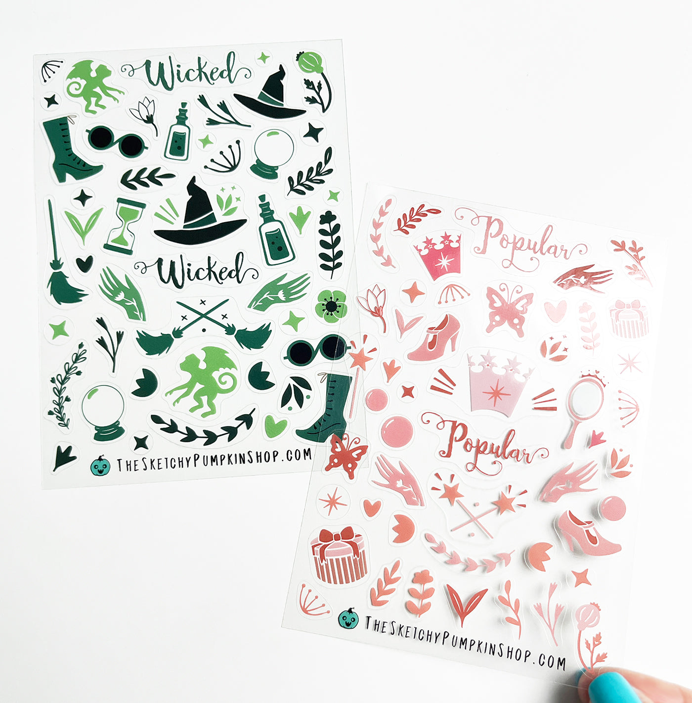 Elphaba and Glinda Stickers,  2 sheets. Transparent, Waterproof