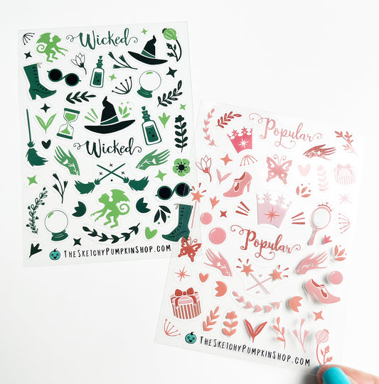 Elphaba and Glinda Stickers, 2 sheets. Transparent, Waterproof
