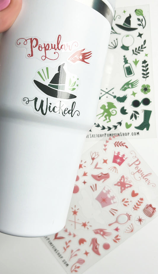 Elphaba and Glinda Stickers, 2 sheets. Transparent, Waterproof