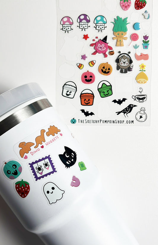 Sketchy Pumpkin Sampler Sticker Sheet, Transparent, Waterproof