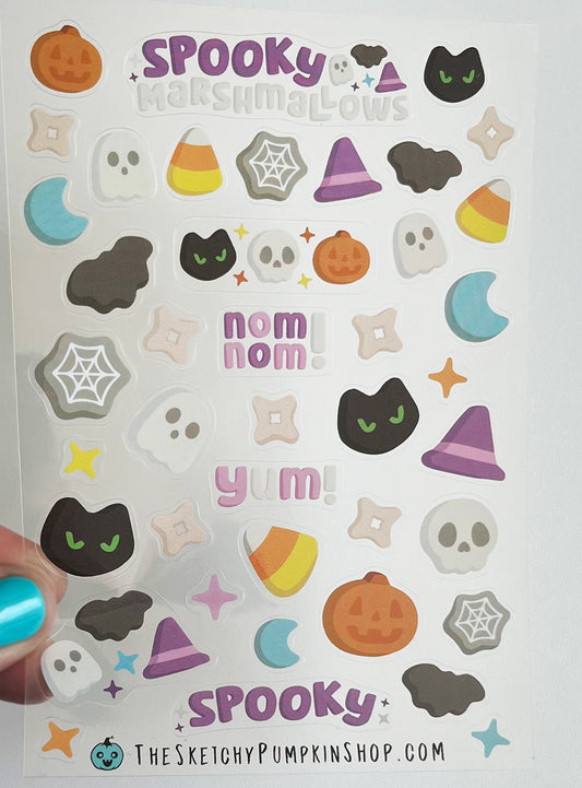 Spooky Marshmallow Stickers, Transparent, Waterproof