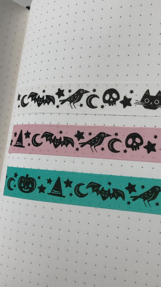 Spooky Washi Tape, Pumpkins, Bats, Cats, Crow, Skulls, Pink, Blue, Aqua