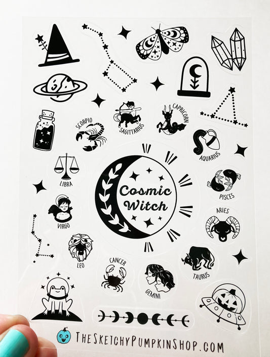 Cosmic Witch Sticker Sheet, Transparent, Black, Waterproof