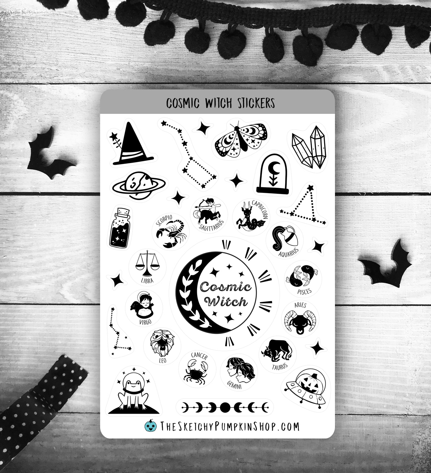 Cosmic Witch Sticker Sheet, Transparent, Black, Waterproof