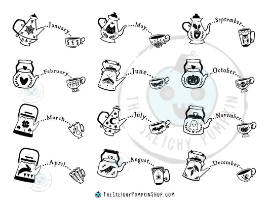 Divination Tea Monthly Stickers, bujo, transparent, bullet journal, spooky