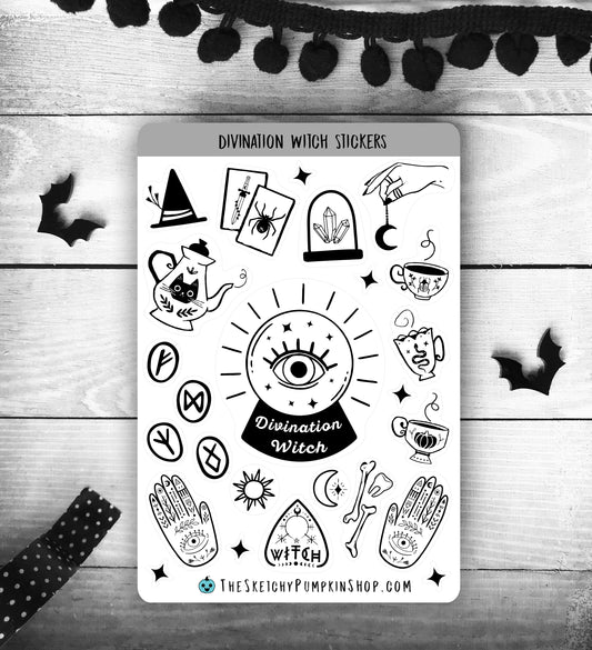 Divination Witch Sticker Sheet, Transparent, Black, Waterproof