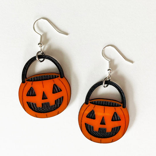 Jack O'lanern Bucket Earrings, Orange, Acrylic