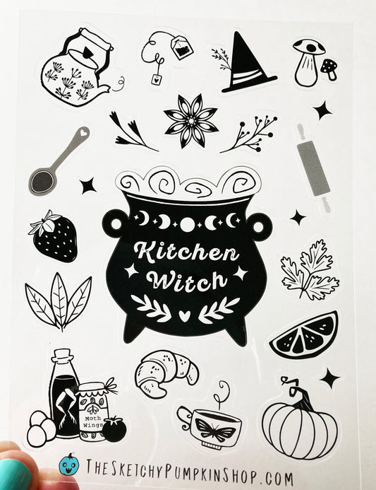 Kitchen Witch Sticker Sheet, Transparent, Black, Waterproof