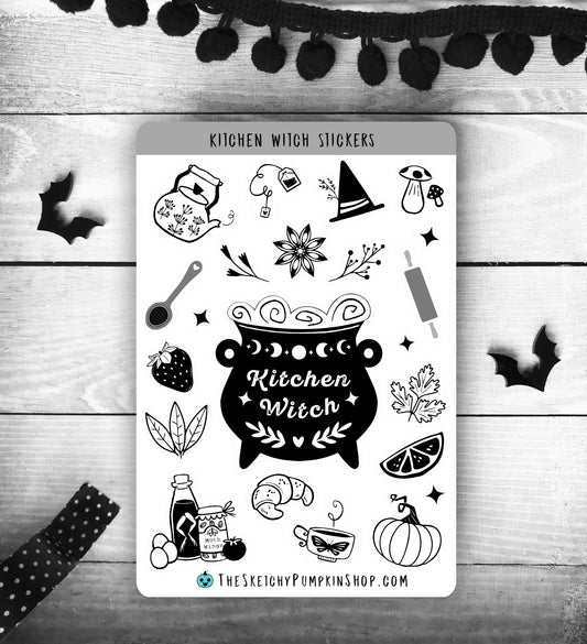 Kitchen Witch Sticker Sheet, Transparent, Black, Waterproof