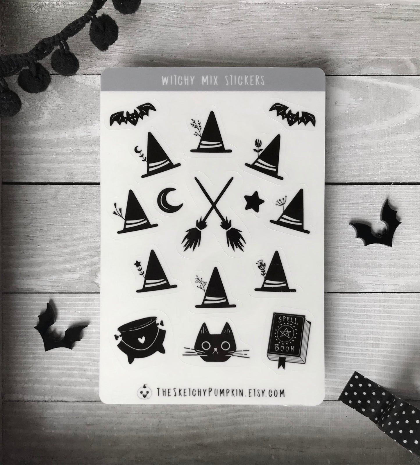 Witch Mix, Sticker Sheet: black and white, transparent, broom, bats, cauldron