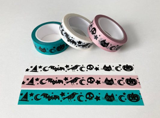 Spooky Washi Tape, Pumpkins, Bats, Cats, Crow, Skulls, Pink, Blue, Aqua