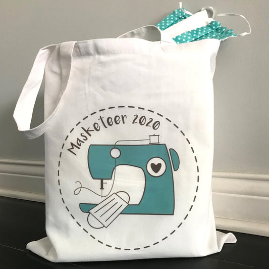 Masketeer Tote Bag, Mask Maker, Sewing Machine, Logo