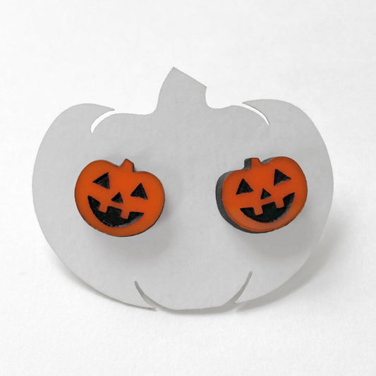 Jack O'lantern Acrylic Earrings, Pumpkin, Jewelry, Studs, Halloween, Orange