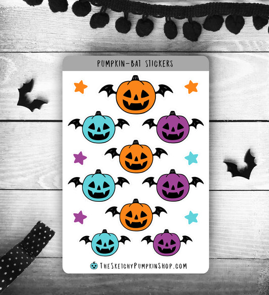 Pumpkin-Bat Sticker Sheet, jackolantern, halloween, bujo