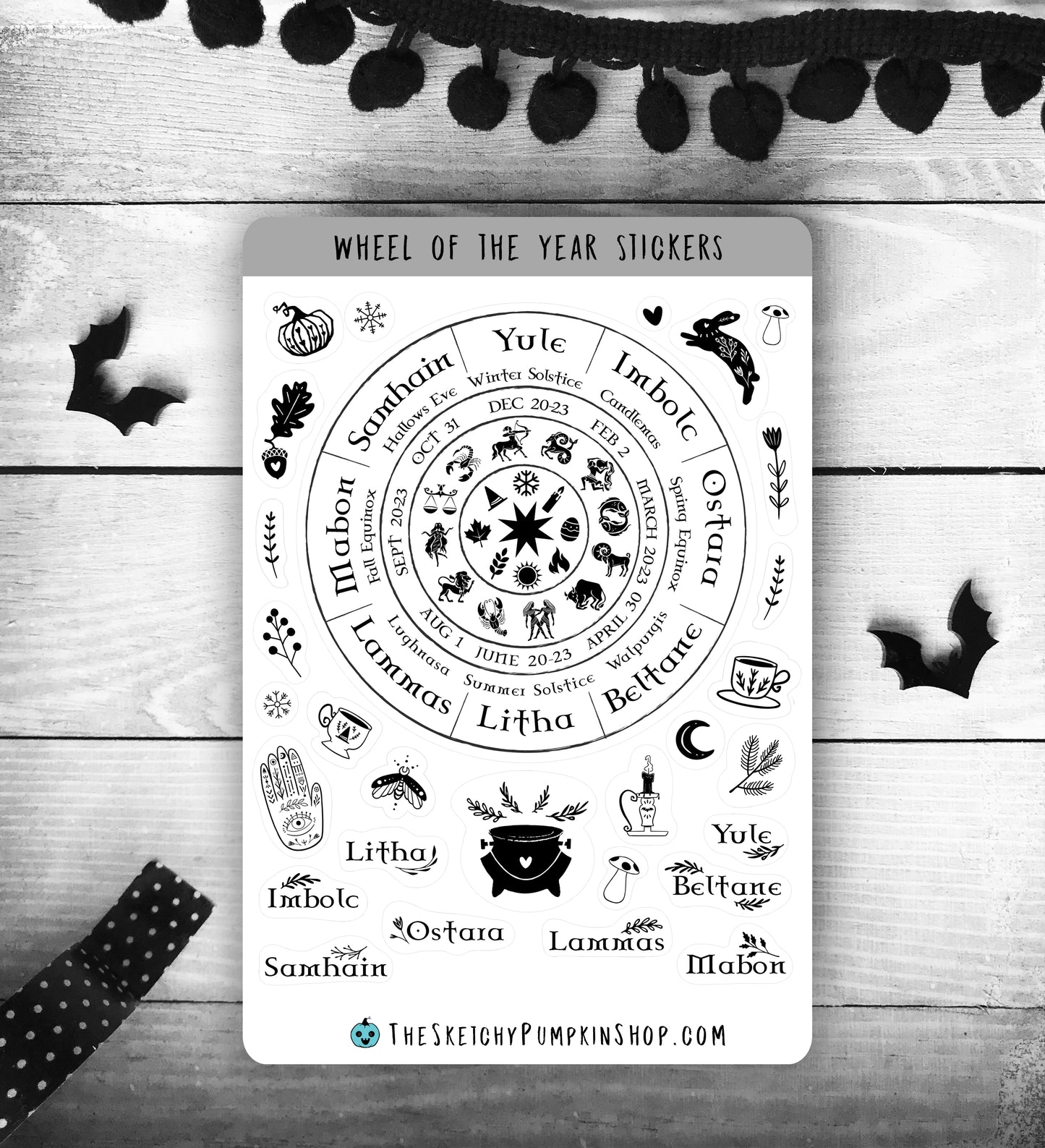 Wheel of The Year, waterproof, black and white, transparent, Pagan, Seasons, Wiccan, Sabbats, Yule, samhain, zodiac, holiday