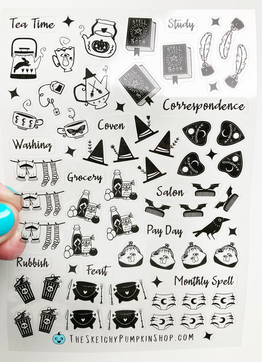 Witchy Bullet Journaling Waterproof, Transparent Sticker Sheet